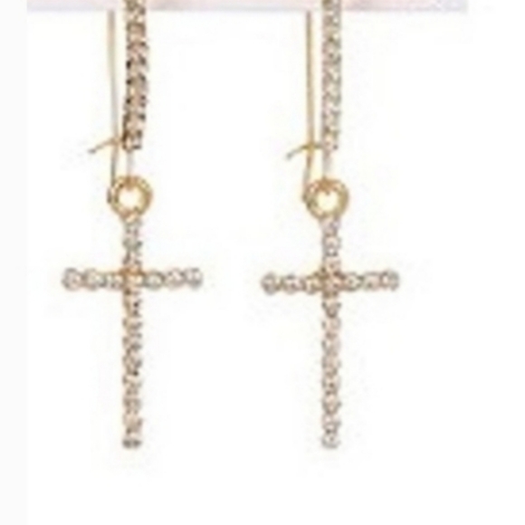Gold Crystal Cross Drop Earrings, Goldtone 42x18mm NEW - Picture 1 of 7